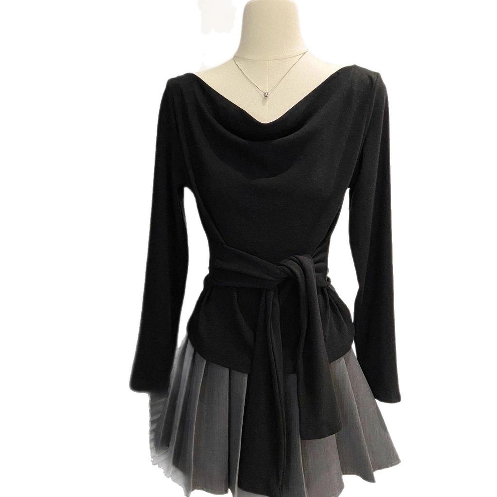 Women's French Swing Tie-Waist Long-Sleeve T-Shirt - Autumn 2026 New Arrival, High-End Slim-Fit Base Layer