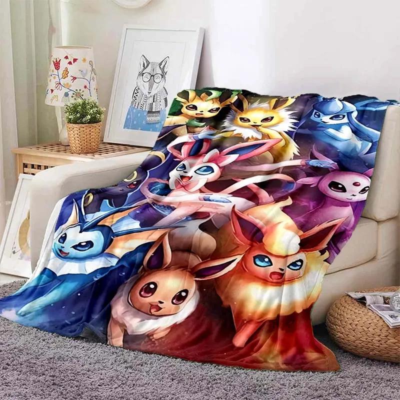 Cartoon Warme Weiche Pokémon Evoli Decke Flauschige Sofa karierte Plüsch Tagesdecke Winter Vier Jahreszeiten Überwurfdecke für Sofa Bett