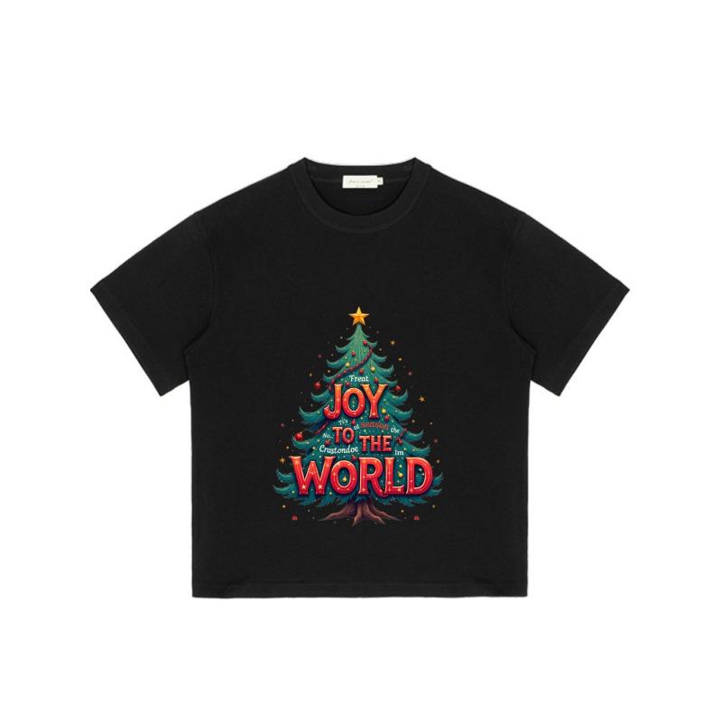Christmas T-Shirt Black Joy To The World Christmas Tree Print Holiday Party Wear