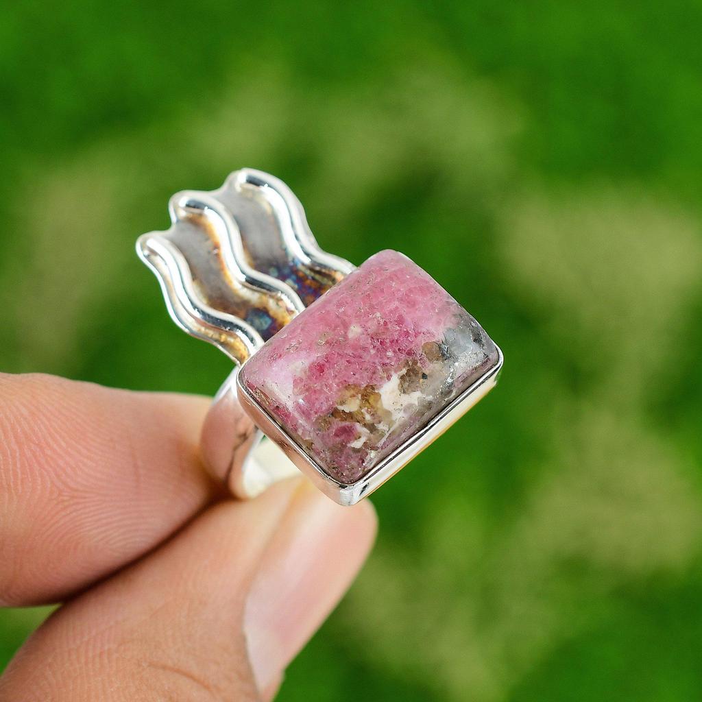 Natural Rhodonite Gemstone 925 Sterling Silver Promise Ring Size 8.75 For Girls
