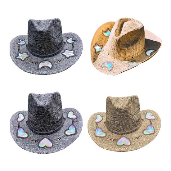 Solvanger Cowgirl Stråhatt Prismatisk Hatt med Bred Brem Vestlig Cowboyhatt med Iridescent Måne Stjerne/Hjerte Håndvevd Sol Strandhatt med Solbriller for Kvinner