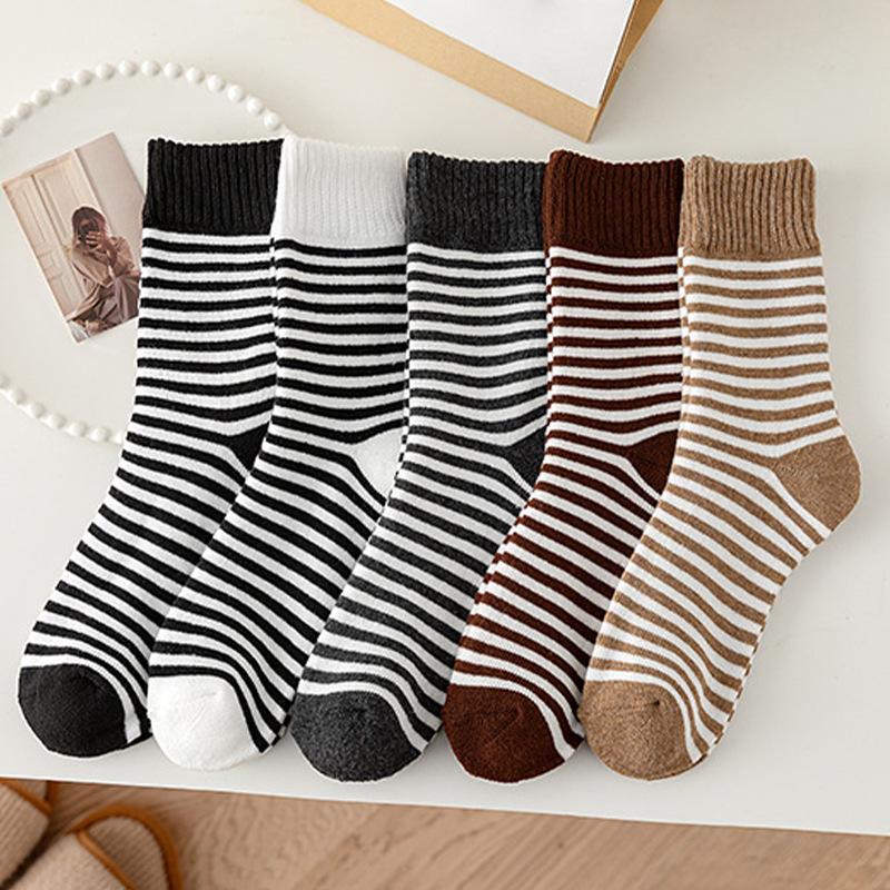 Women's Autumn-Winter Plus Velvet Thickened Mid-Calf Striped Terry Socks - Warm, Cold-Resistant Sleep Socks.