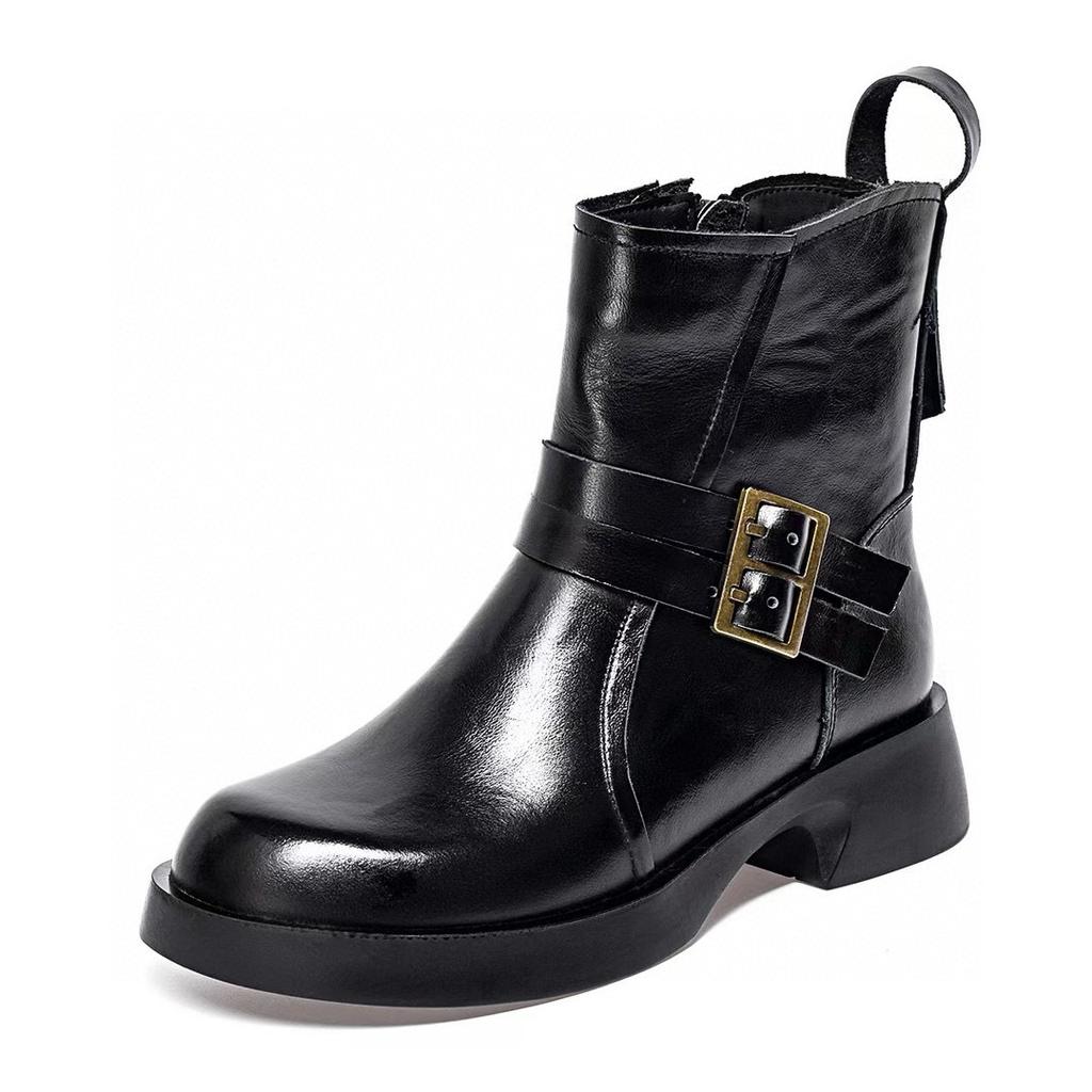 Ghete medii pentru femei, ghete Martin de toamnă și iarnă, noi, cu două rânduri de nasturi, cu vârf rotund și talpă plată, ghete de damă cu toc gros, ghete de damă din piele