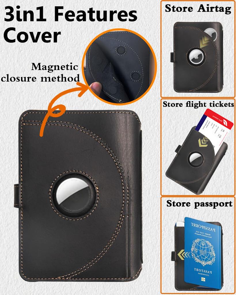 XGUO Crazy Horse Leather Passport Passport Travel Wallet with Airtag Credit Card Ticket Perfect Pitch Black Holder, 1-2 Holders, Slot, & Pockets,
