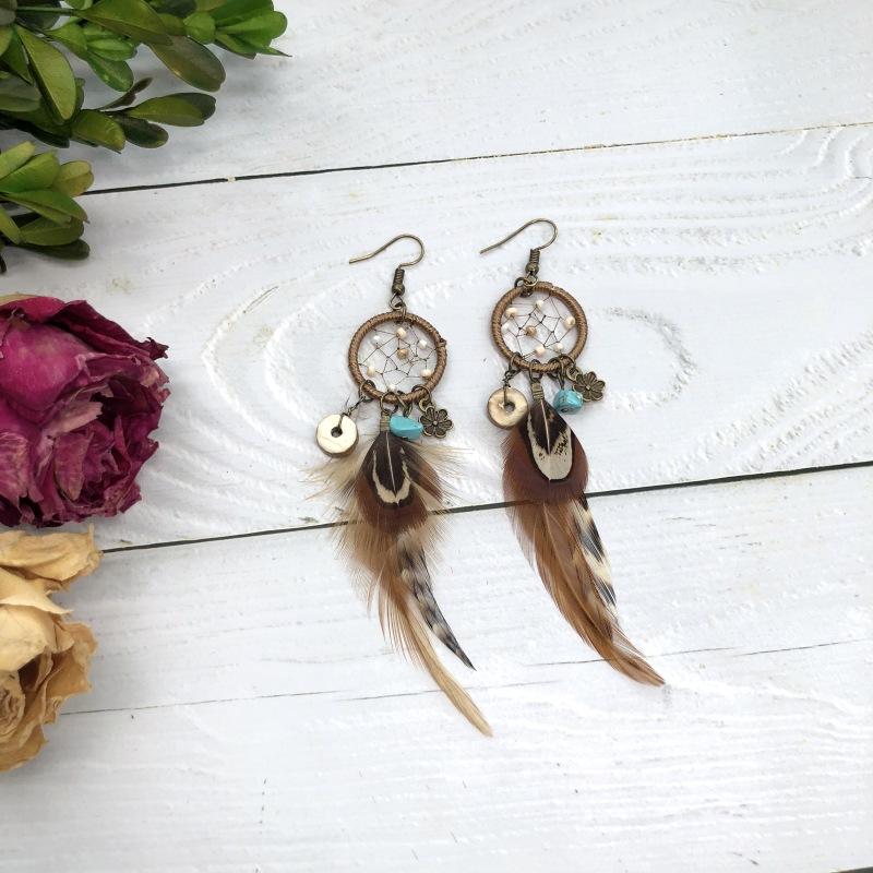 Handmade retro bohemian feather earrings dream catcher elements long fringed earrings temperament women's earrings