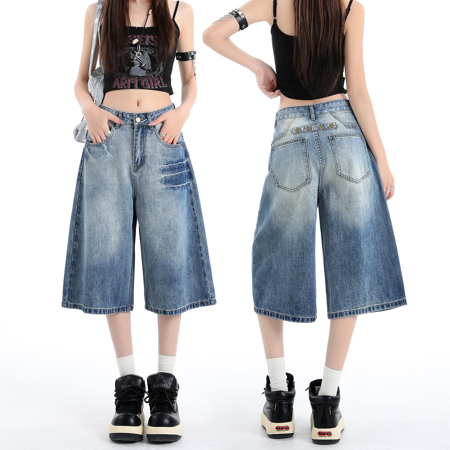 Loose Seven Quarter Jeans For Women In Summer, Loose Wide Leg Straight Leg Mid Length Pants For Women 2XL