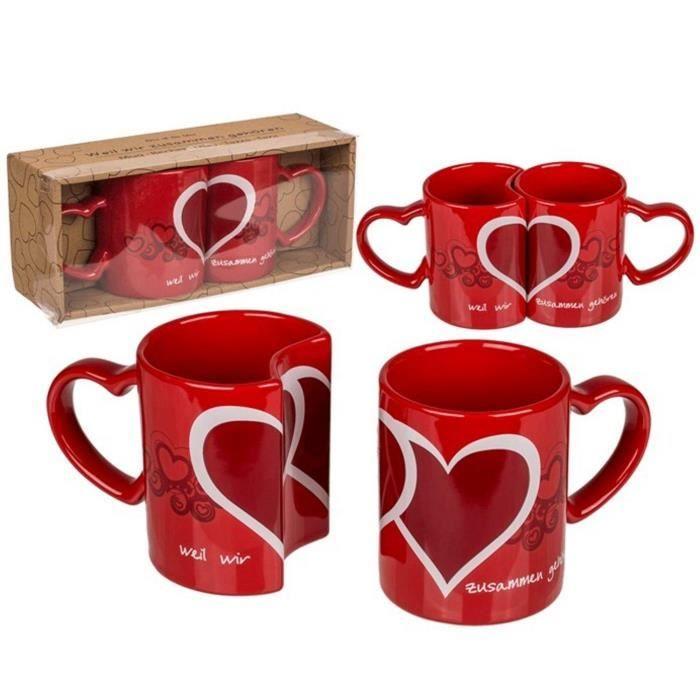 Mug - COEURS ENTRELACÉS - Set de 2 - Céramique - Rouge - 350 ml