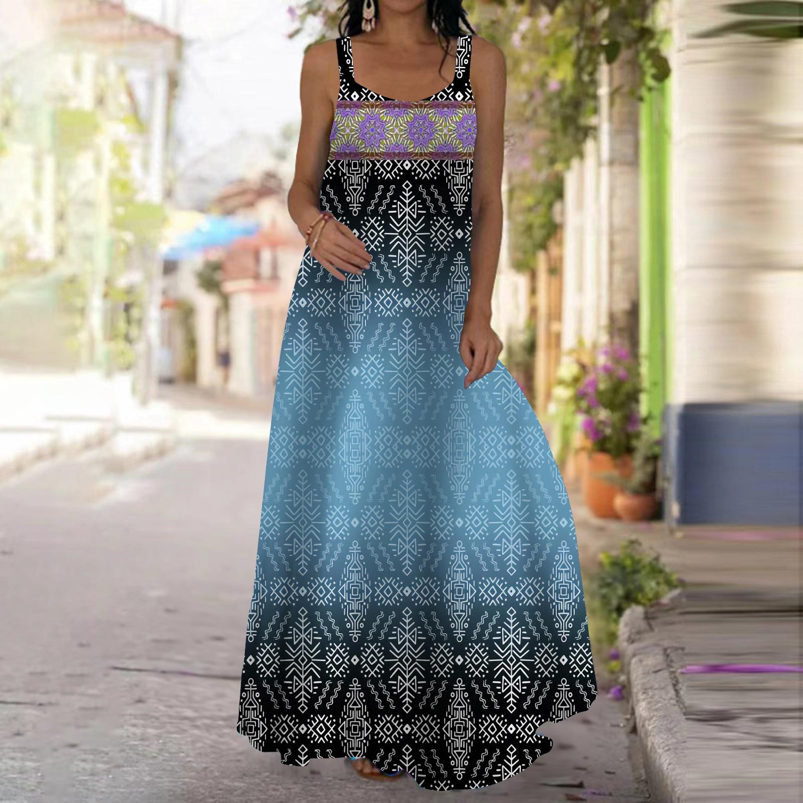 Женское платье-комбинация Длинное платье макси Градиент цвета Платье с принтом символов Весна и лето с v-образным вырезом Для отдыха и отпуска XS светло-синий