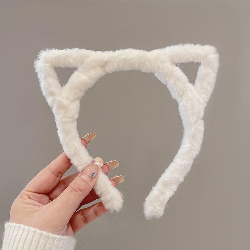 Cute Wide-Brimmed Plush Cat Ear Headband for Face Washing & Teeth Brushing - Includes Hair Tie & Clip
