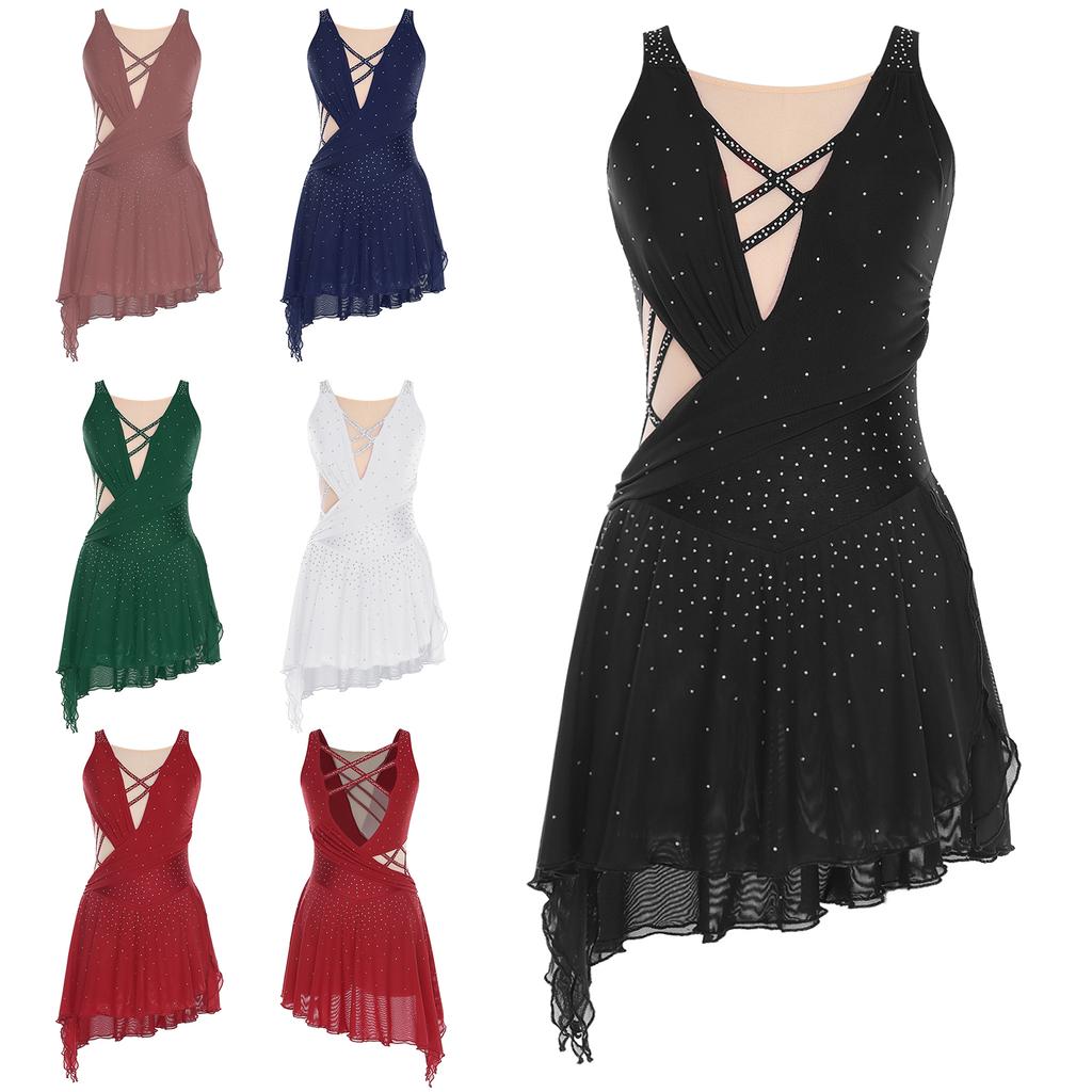 Stage Performance Dance Dress for Women - Rhinestones Adorned Straps, Backless, Side Slit, Flowy Asymmetrical Hem with Built-in Crotch Press Buttons