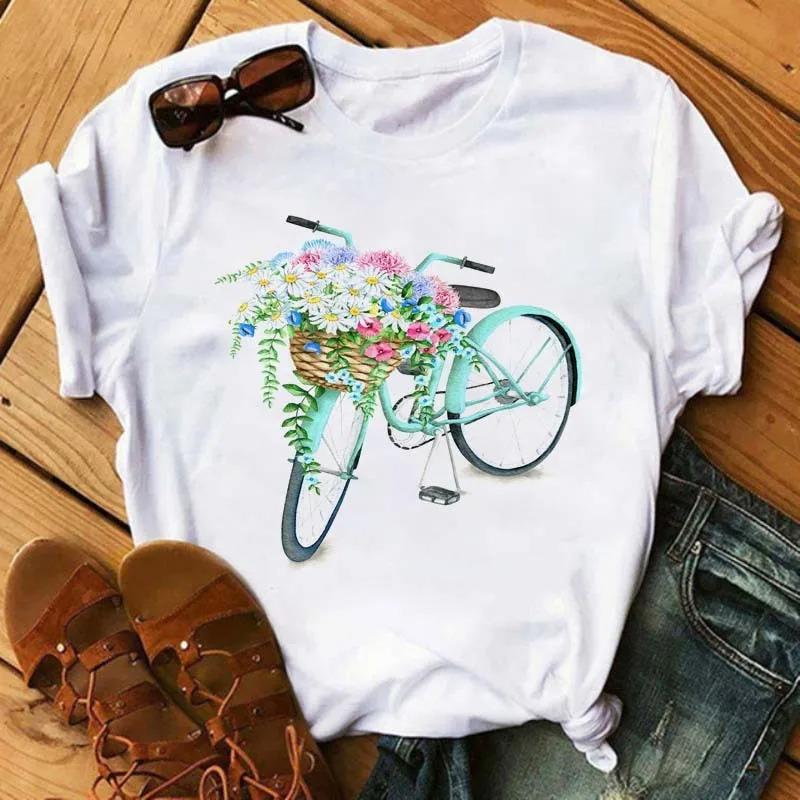 Bicycle Flower Print Tshirt Short Sleeve Round Neck Womens Dress Tops Graphic T Shirts Aesthetic Aesthetic Clothes Kawaii