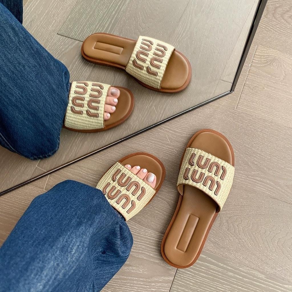 QSDD Mittsommerabendwind Amiu Familienurlaubsbrief Gewebt Flacher Boden Strand Freizeit Ein-Wort-Slipper Damenschuhe Sandalen Außenschuhe