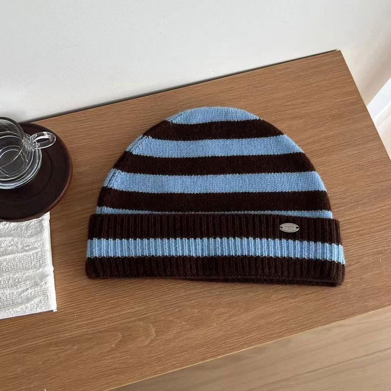 Autumn and Winter Versatile Striped Cold Hat Knitted Wool Hat Thickened Warm Hat Wool Hat High Quality Ear Hat
