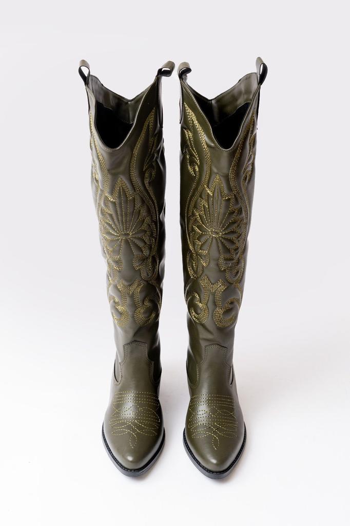 Women Modern Stylish Fashion Boots Faux Leather Suede Black Leather Embroidered Medieval Cowboy Long Boots
