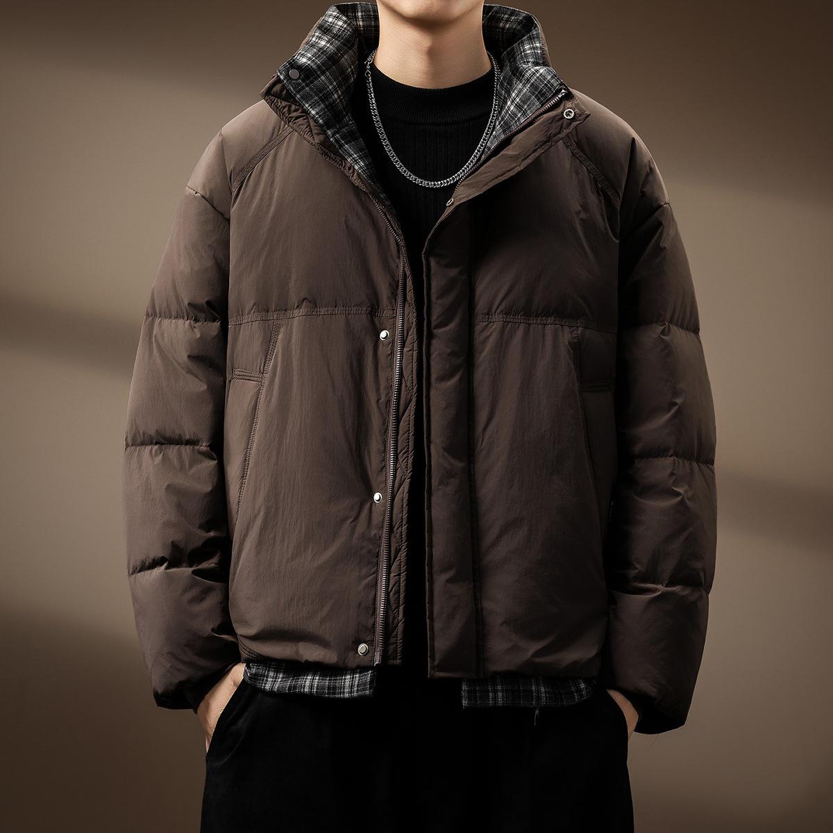 

Men s Retro Plaid Faux Two-Piece Down Jacket - 90% Duck Down, Thick Stand Collar, Warm Winter Outerwear L for 135-150 kg кавовий