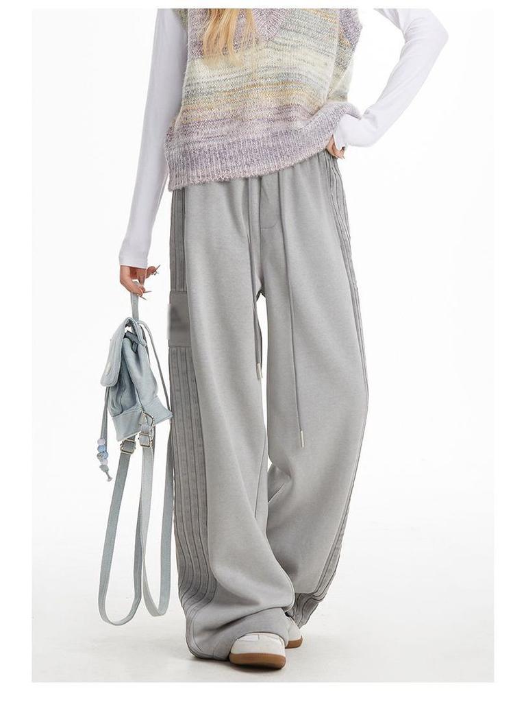 Striped Retro Pink Wide-Leg Sweatpants - Women's Jazz Dance, 300g Cotton Blend with Edging