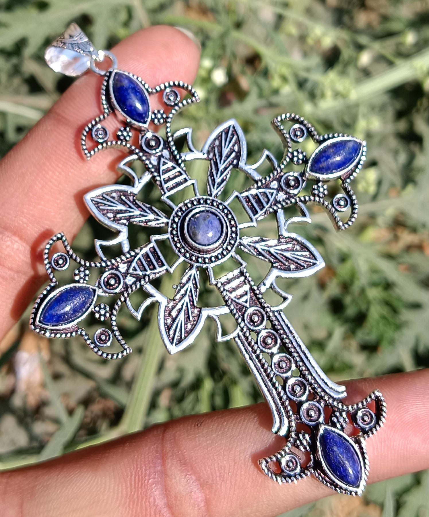 

Лазурит, драгоценный камень, стерлинговое серебро 925 пробы, женские модные винтажные подвески с кулоном Святого Креста, ювелирные изделия