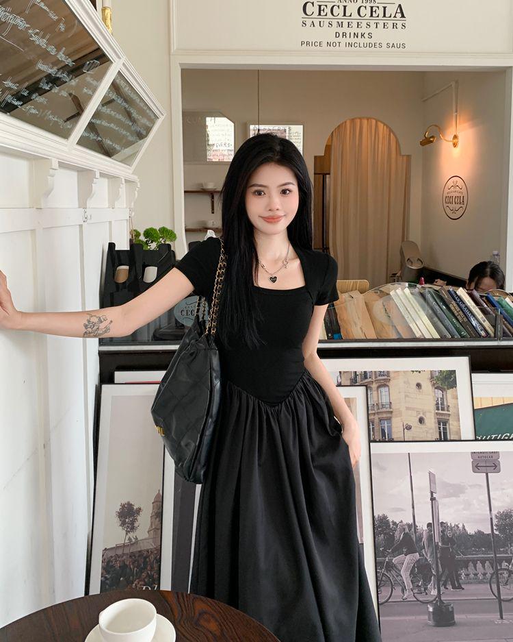 Hepburn Style Square Neck Black Slimming Spliced Dress