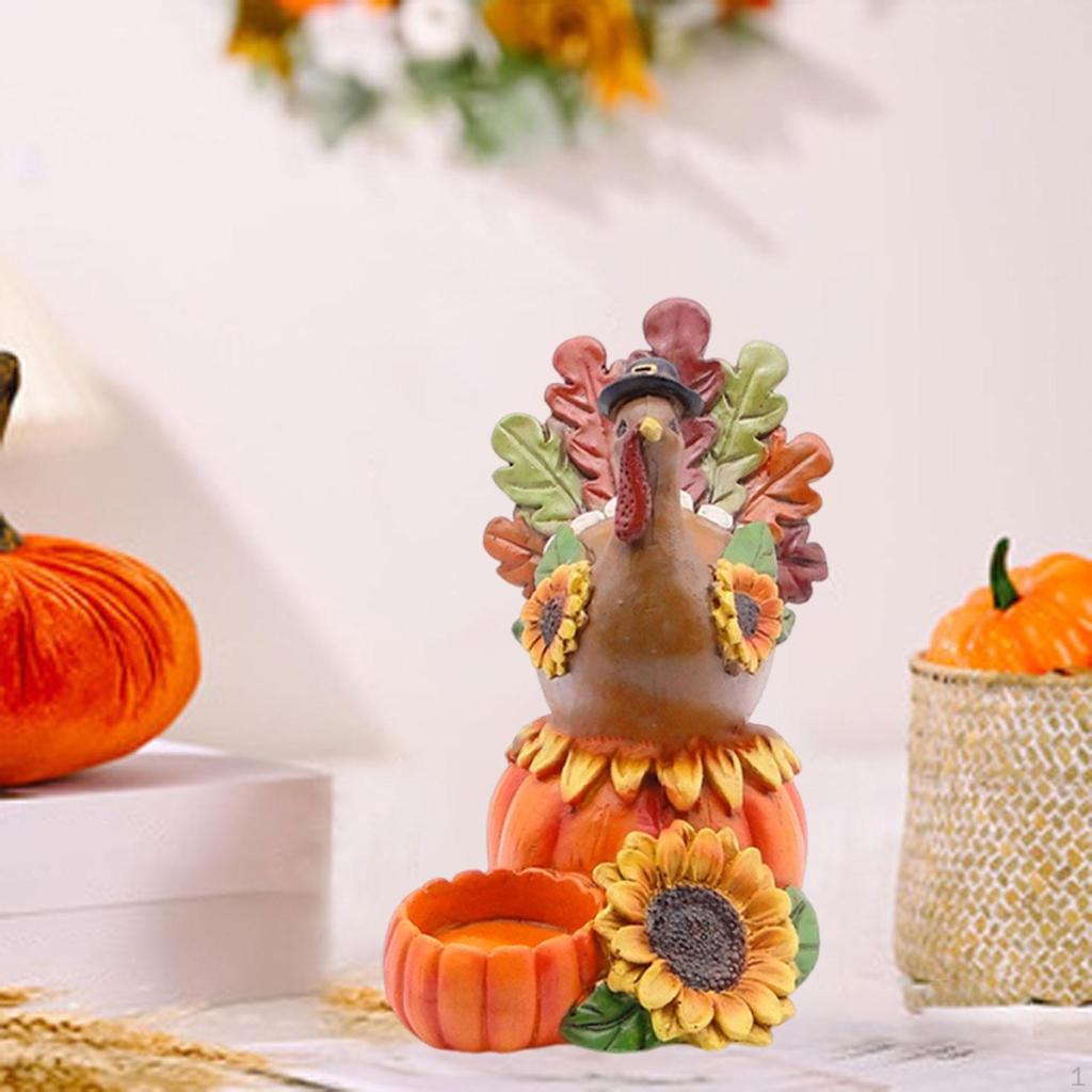 Candle Holder Turkey Statue with Pumpkin Ornament Decoration Thanksgiving Sculpture Resin Figurine