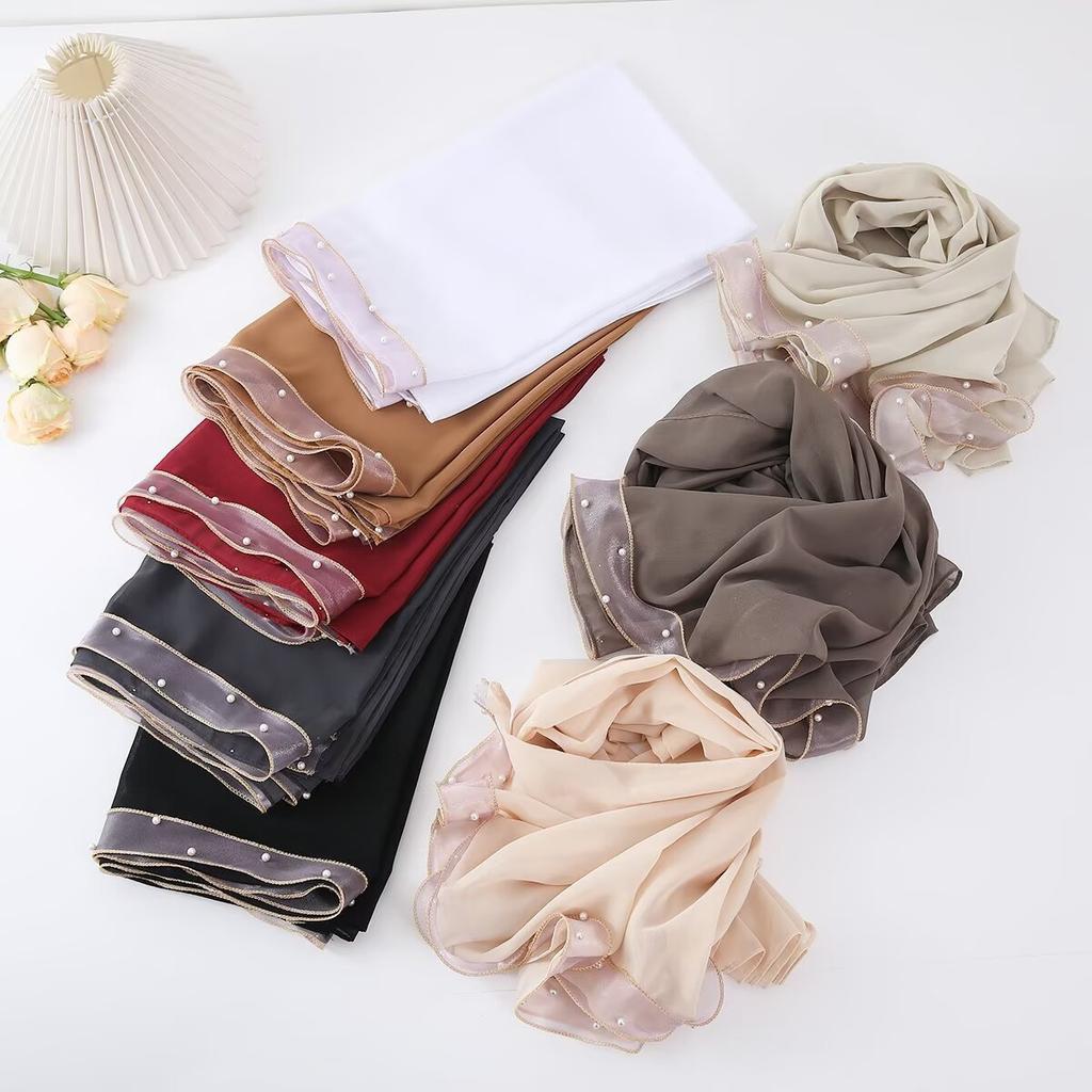 Luxury Pearl Chiffon Scarf Soft Solid Long Scarves Thin Hijab Muslim Women'S Headscarf Ethnic Turban Shawl 70*175Cm