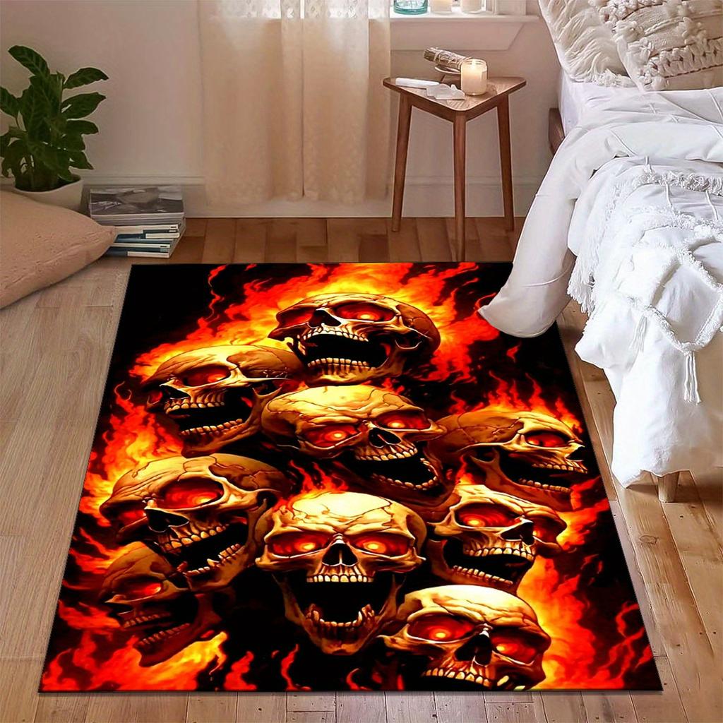 Flame Skull Polyester Rug, Non Slip Crystal Velvet, Durable Chair Mat, Edgy Kitchen Restaurant Decor, Gothic Home Accent