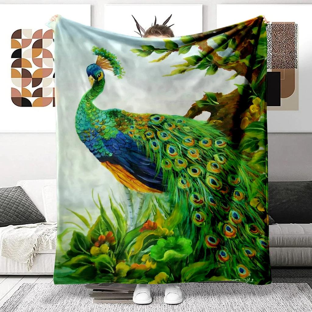 Colorful Peacock Picture Digitalprinted Polyester Bedroom Velvet Flannel Cover Blanket Fleece Soft Sofa Cover Blankets for Beds