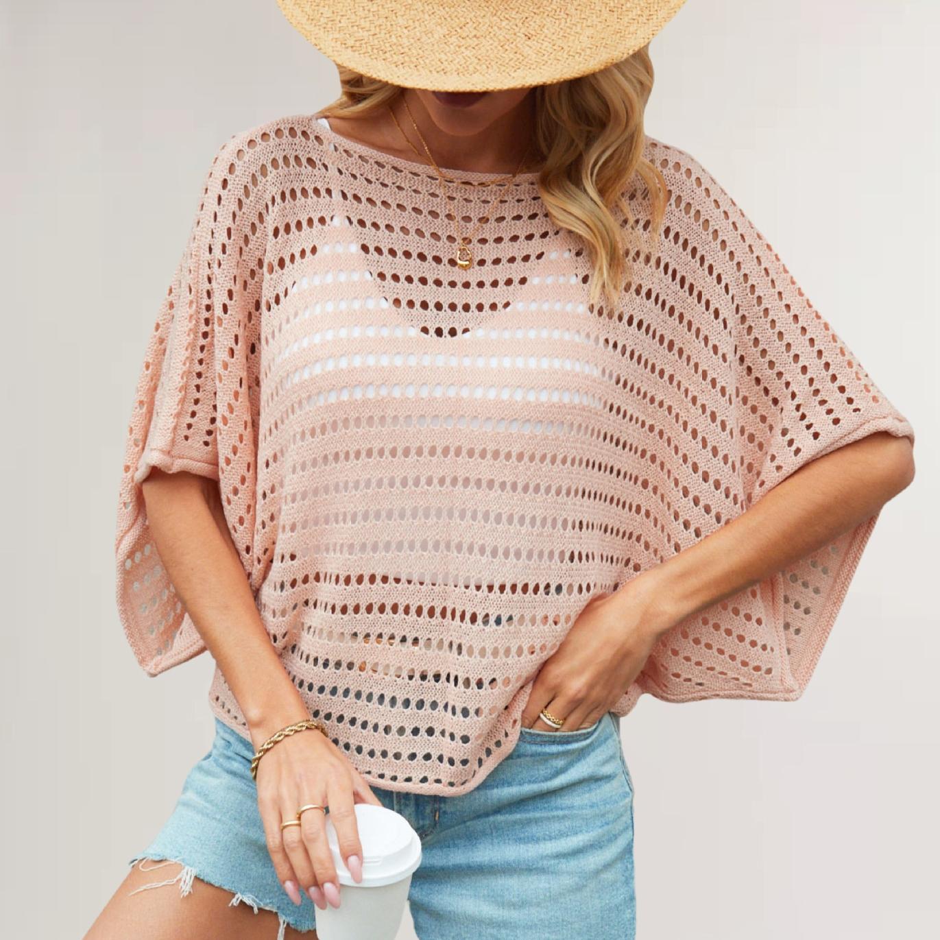 QICED O-образный вырез однотонный топ с рукавами летучая мышь ажурный свободный свитер — фото 5