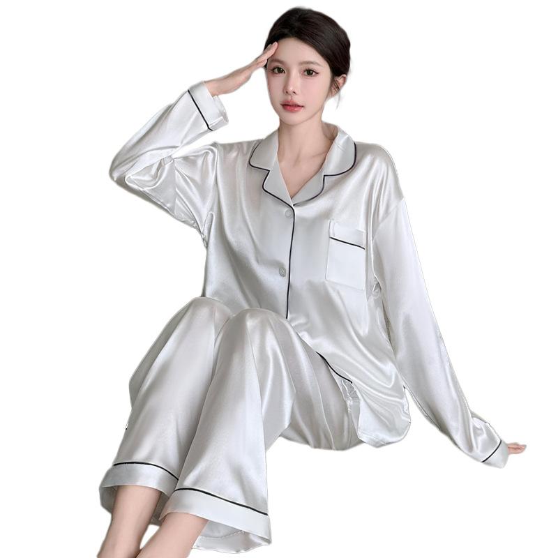 Nordic Style Solid Color Ice Silk Pajamas Women'S Long-Sleeved High-End Spring And Autumn New Comfortable Loungewear Set