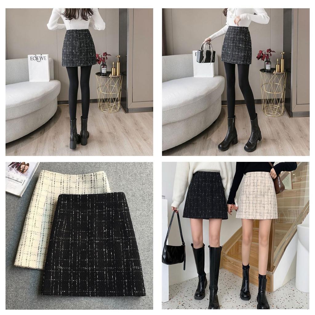 SLOW MELLOW Tweed Mini Skirt with Above the Mini Korean Tight 2 Skirt with Check High Waist & Women's Lamé Yarn, Knee, Length, Casual, Elegant, Style,