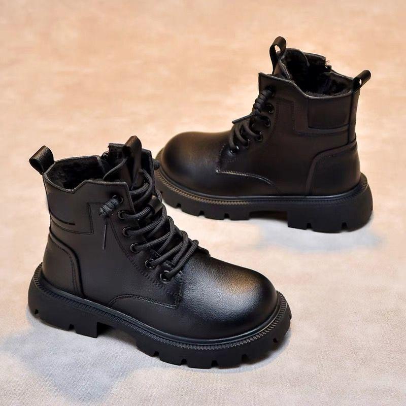 Bambini 1Stivali in pelle nera per ragazze Stivali singoli per ragazze Stivali corti per ragazzi Stivali in velluto e cotone per autunno e inverno Tide