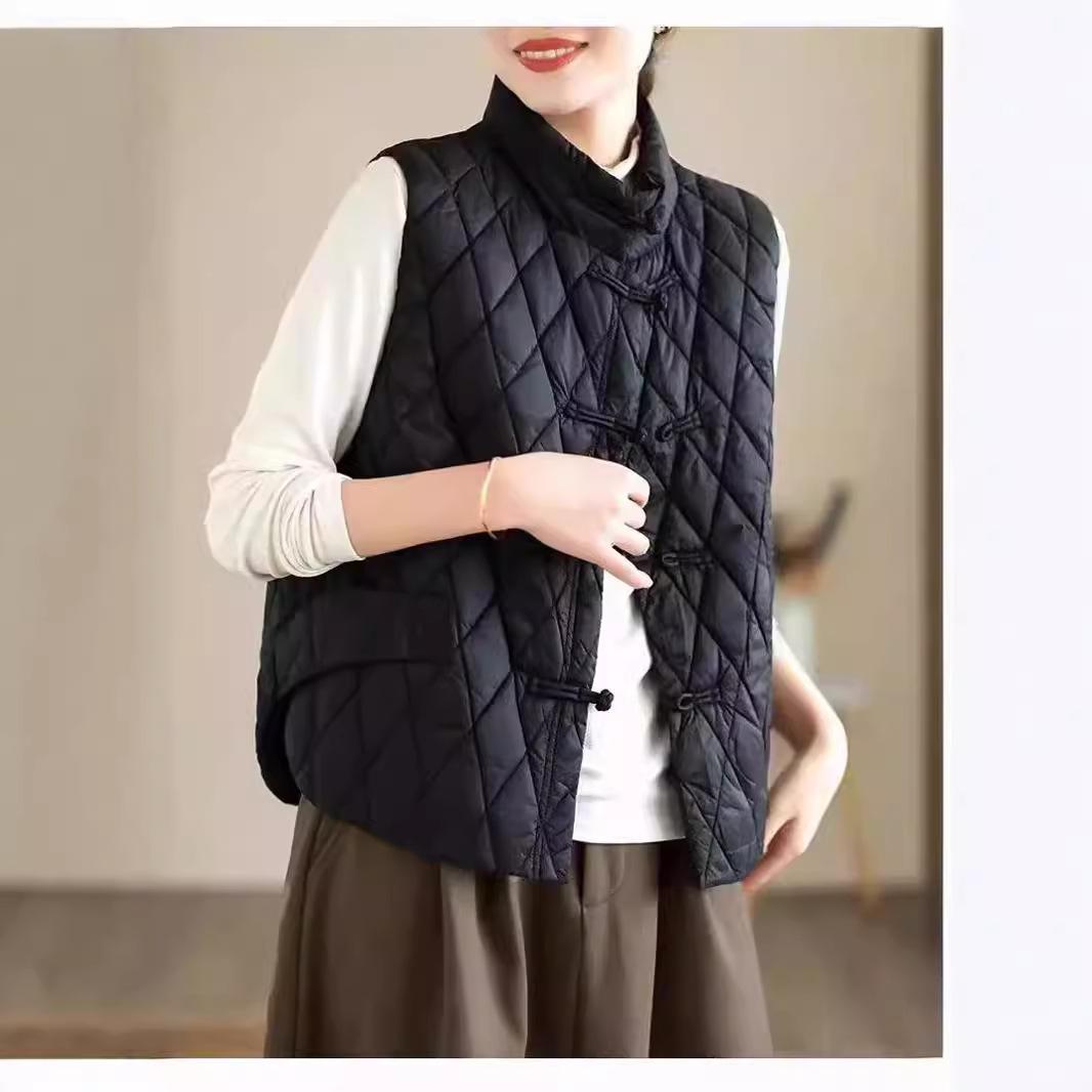 

Пуховик женский жилет осень и зима новый ромбовидный сетчатый застежка этнический стиль тонкий жилет воротник стойка однотонный жилет куртка L (recommended weight 125-75 kg) чёрный