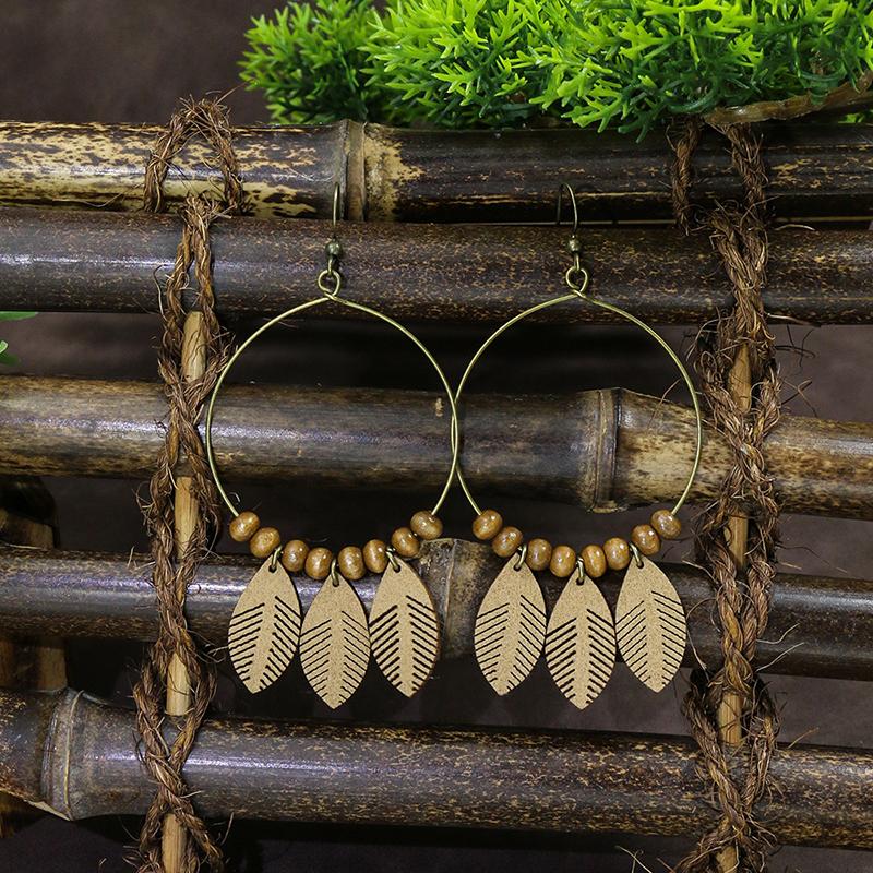 Ethnic Vintage Bohemian Drop Danlge Women's Earrings Bead Wooden Tassel Round Geometric Flower Leaf Long Boho Earrings Zircon