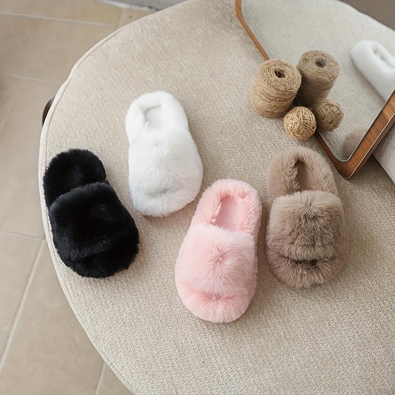 Youngsters' Fashionable Double Strap Indoor Home Slippers - Soft Fabric Slip-Ons with Plush Faux Fur Sole,Round Toe&Lightweight Design for Youngsters