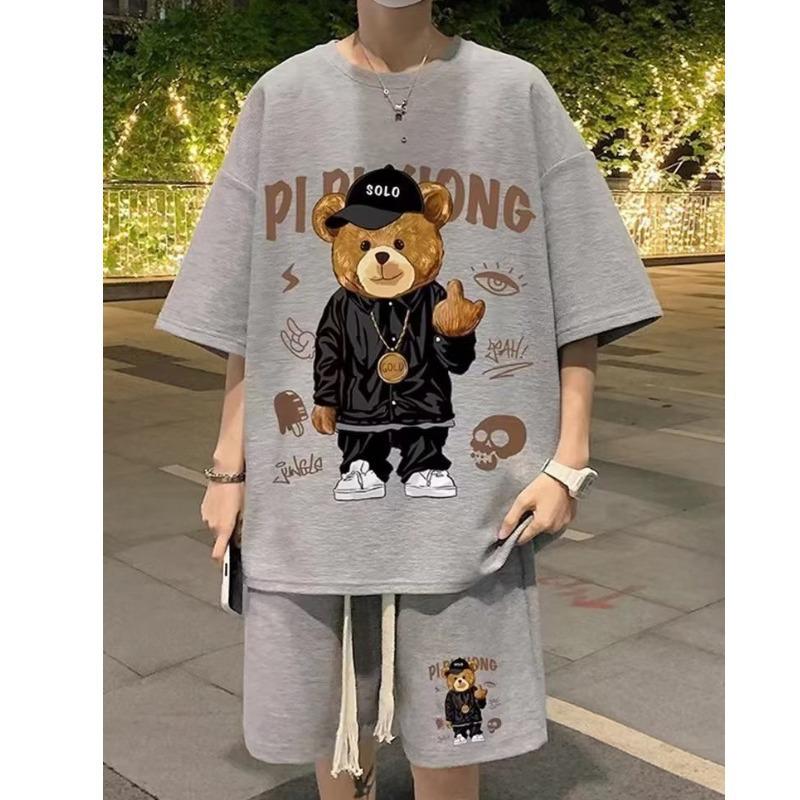 

Мужской молодежный летний вафельный спортивный костюм с короткими рукавами и свободными шортами M серый