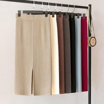 Knitted Midi Skirt and Woolen Skirt Rear High Waist Mid Length Slit Hip Hugging Skirt for Women In Autumn and Winter Mid Length Skirt