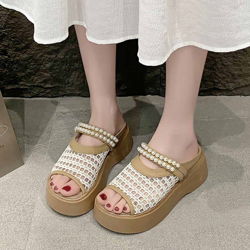 French Mary Jane Bag Head Half Slippers Women's Outer Wear 2025 Spring and Summer New Thick-soled One-pedal Pearl Cool Slippers
