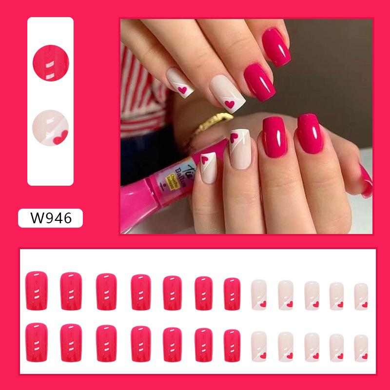 Medium and long rose red beveled French love manicure square wearing manicure European and American ins style sweet ladies manicure