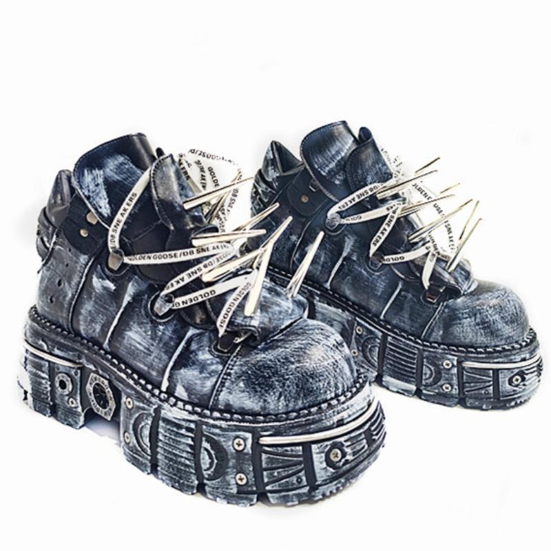 Skórzane buty ciężki metal ciemny rock buty lokomotywy stare ćwieki podwyższające buty za kostkę buty na platformie