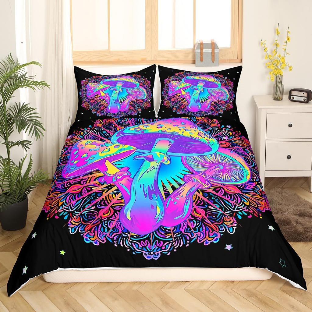 Colored Mushroom Three-Piece Quilt Cover 3D Digital Printing Bedding Set Mandala Bed Cover