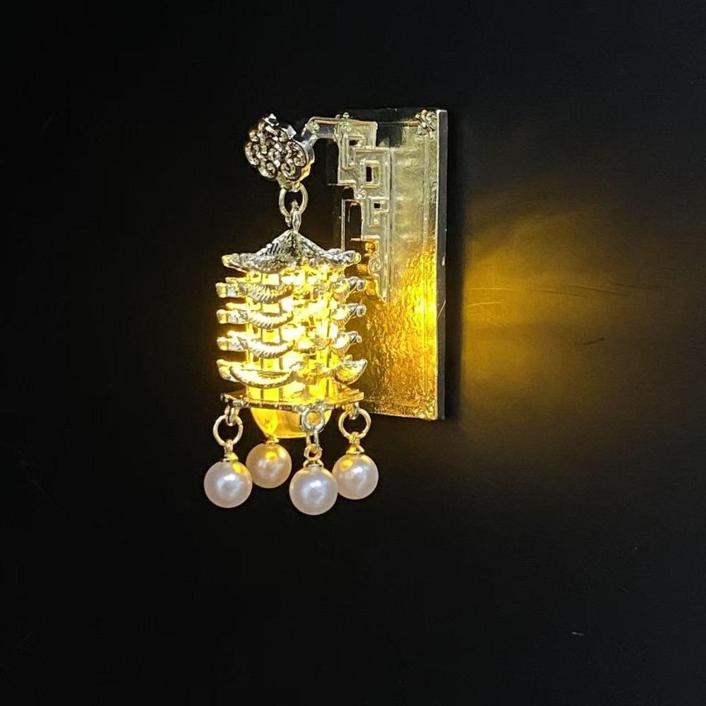 Light Up Lantern Fridge Magnet New Chinese Style Pearl Embellishment Pavilion Fridge Magnet Palace Style Tassel Pendant