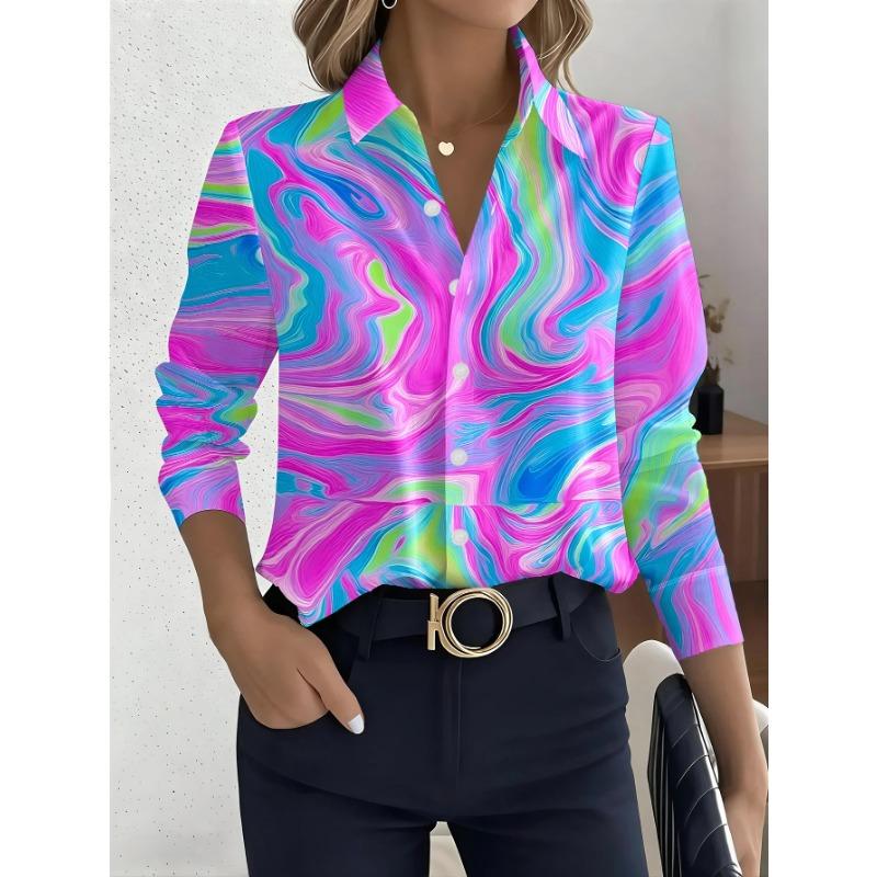 2026 new women's long-sleeved shirt, personalized flowing art print top, fashionable color penetration design shirt,