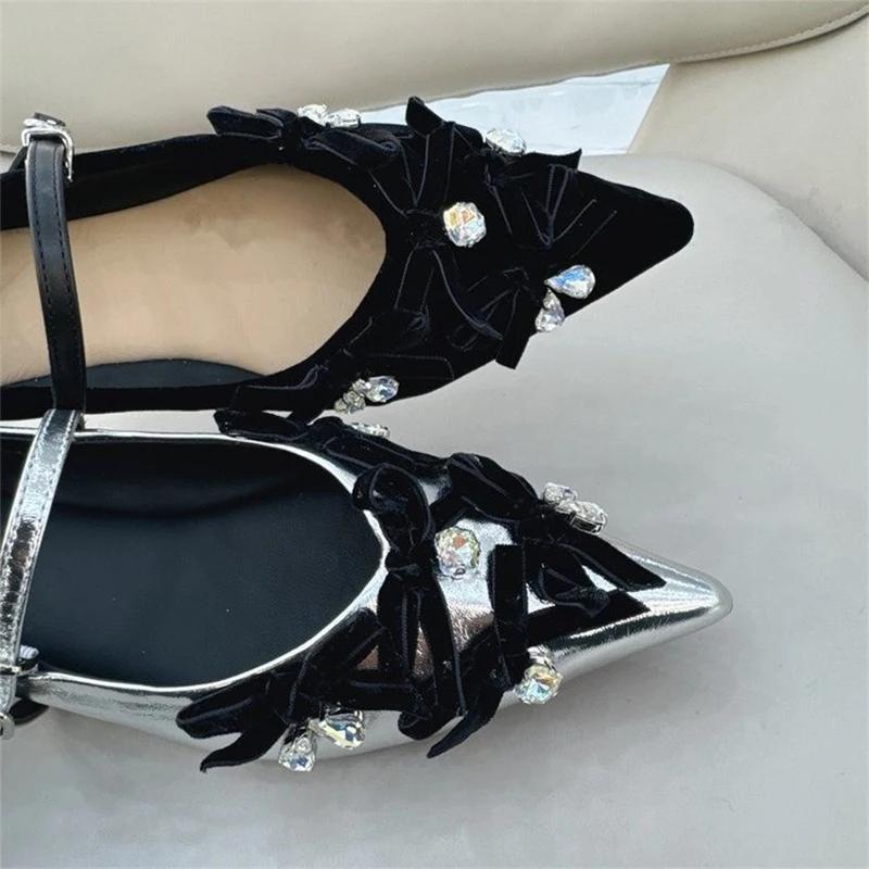 Mode Kristall Damen Mary Jane Schuhe Spitze Zehe Schleife Ballerinas Sandalen Sommer 2025 Luxus Kleiderschuhe Elegant Party Slipper Mujer Zapatos