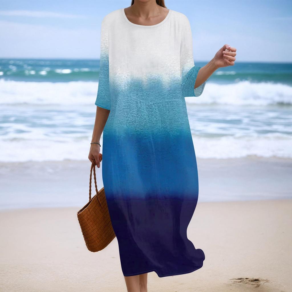 Women's Fashionable Printed Round Neck Seven Quarter Sleeve Loose Dress