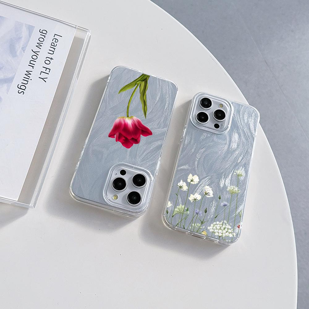 N93 Peony Clear Frame Case for Samsung S25 Ultra A55 A05s A52 iPhone 16 15 Pro Max XR Xiaomi Redmi Note 13 Feather Chiffon Texture Silver Plated Cover