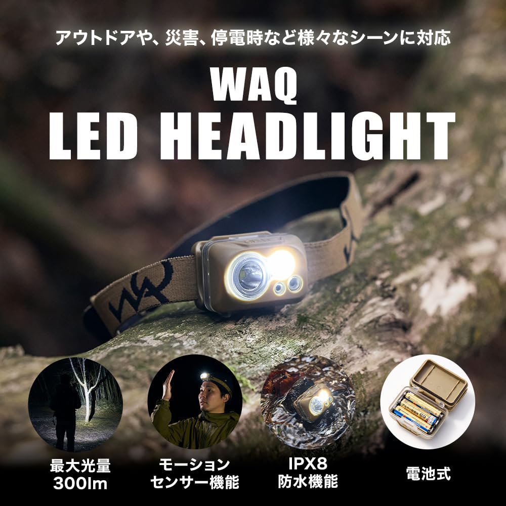 WAQ LED Headlight with Sensor, Waterproof (300 Lumens/115 Hours Runtime/Wide Beam/Battery Operated/Lightweight) - Ideal for Emergency Preparedness, Hi