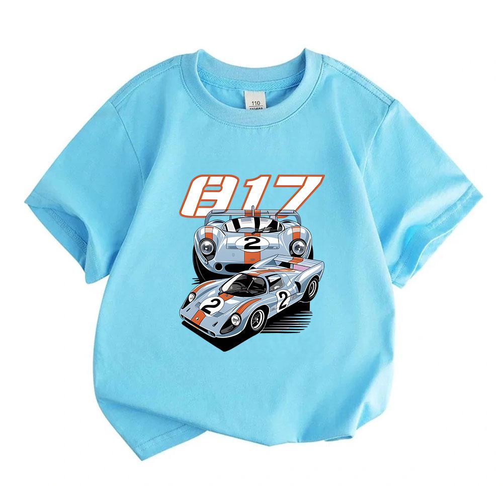 Kids Boys Girls Crew Neck Short Sleeve 100% Cotton T-Shirt, Classic Retro Racing Car 917 Pattern Print Casual Soft Tee for Children Daily Wear Street