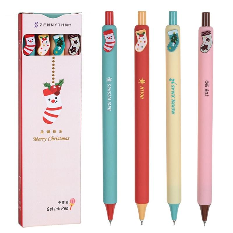 4pcs Christmas Button Pens Retractable Xmas Print Gel Pens Santa Claus Reindeer Jingle Bell Pen for Writing Gift