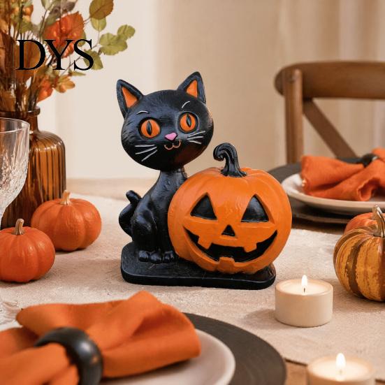 Durable Halloween Party Supplies Black Cat Pumpkin Skull Resin Statue, Cute Decoration for Artistic Desk Decor Indoor Outdoor Yard Table Decor,