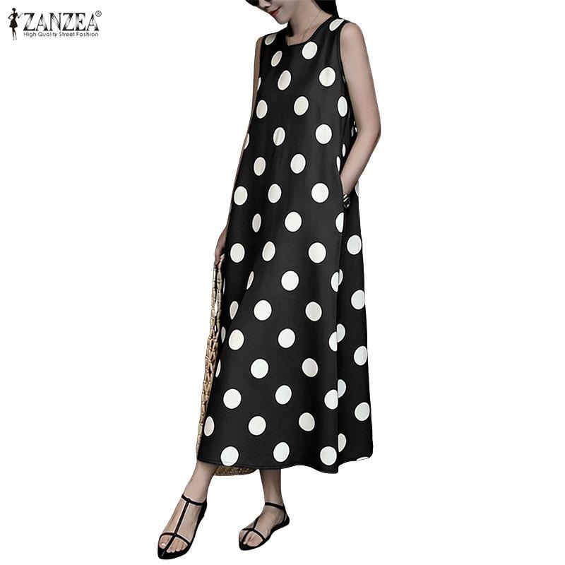 ZANZEA Women Casual Round Neck Polka Dot Print Loose Sleeveless Dress
