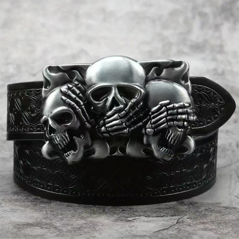 Men's Alloy Buckle Leather Belt - Vintage Embossed Punk Style